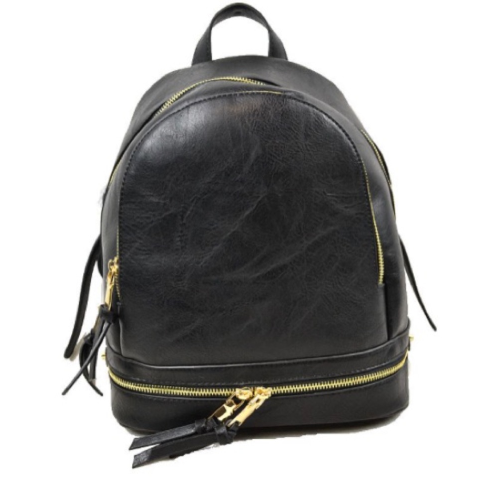 Black Faux Leather 3 Zipper Backpack